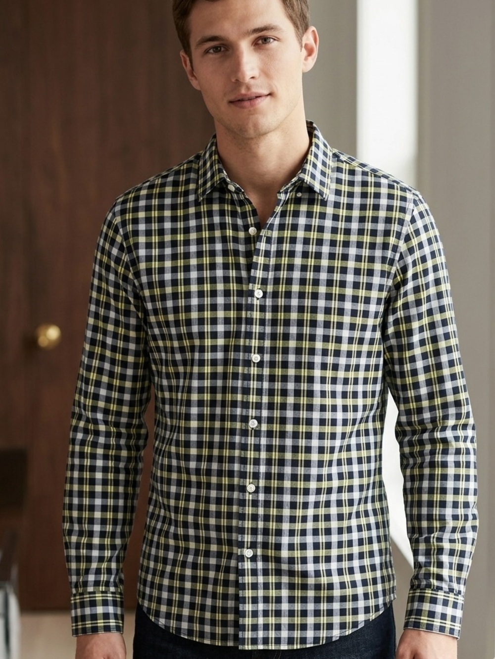 Banana Republic Mens Button Down Slim-Fit Cotton Shirt XL Plaid Business Casual